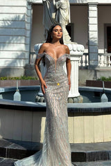 Dazzling V-Neck Off-The-Shoulder Mermaid Prom Dresses Column Long With Gem-Ballbella