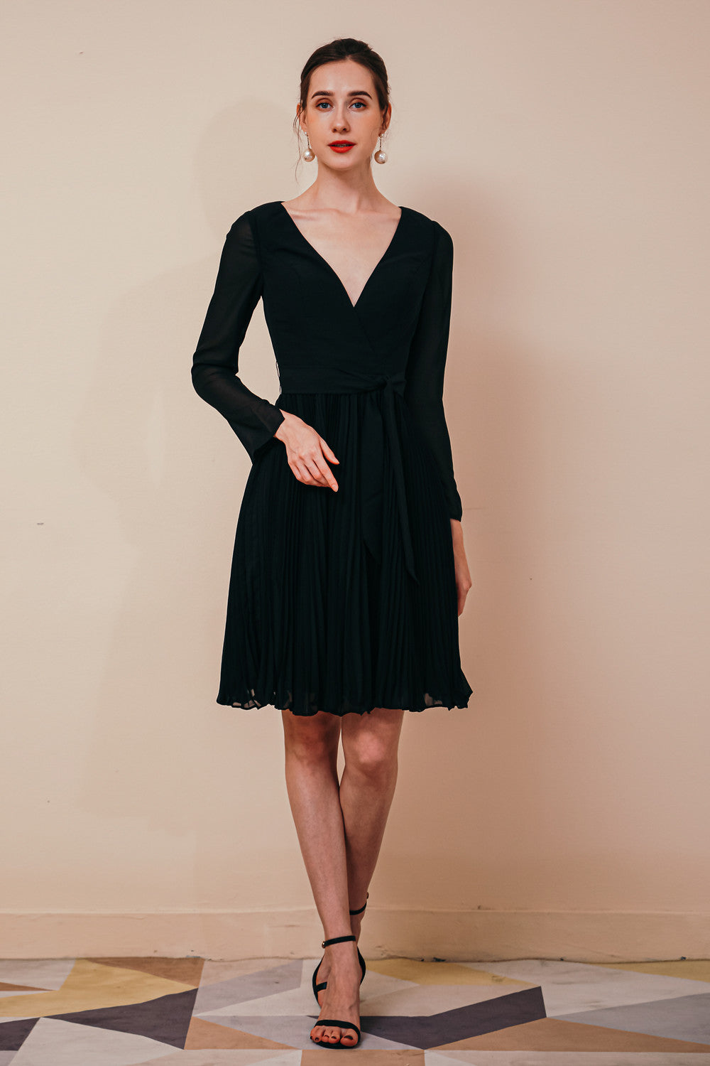 Deep V-neck Long sleeves Bowtie Little Black Dress, Black / US2 Deep V-neck Long sleeves Bowtie Little Black Dress, Black / US2