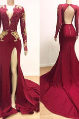 Deep V-neck Long Sleevess Lace Appliques Split Mermaid Evening Gowns-Ballbella