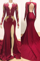 Deep V-neck Long Sleevess Lace Appliques Split Mermaid Evening Gowns-Ballbella