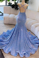 Deep V-Neck Mermaid Sequins Backless Prom Dress-Ballbella
