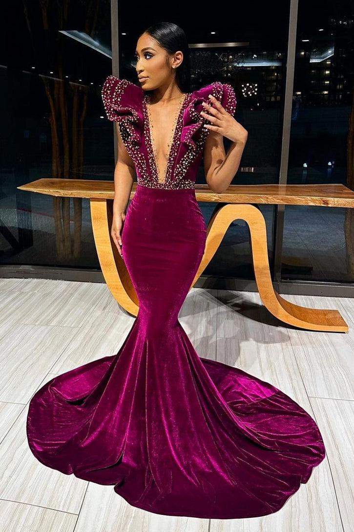 Deep V-Neck Mermaid Sweep Train Beading Prom Dress Deep V-Neck Mermaid Sweep Train Beading Prom Dress
