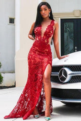 Deep V-Neck Red Prom Party GownsFloral Lace Appliques Split Front Party Dress-Ballbella
