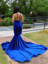 Deep V-neck Royal Blue SPAGHETTI STRAPS Mermaid Flowers Prom Dresses-Ballbella