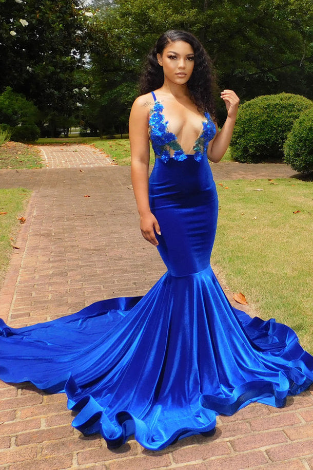 Deep V-Neck Royal Blue Spaghetti Straps Mermaid Flowers Prom Dresses Deep V-Neck Royal Blue Spaghetti Straps Mermaid Flowers Prom Dresses