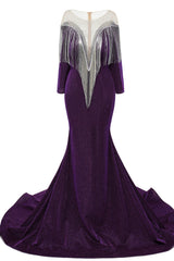 Deep V-neck Shiny Royal Blue Long sleeves Mermaid Prom Dress-Ballbella