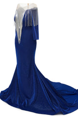 Deep V-neck Shiny Royal Blue Long sleeves Mermaid Prom Dress-Ballbella
