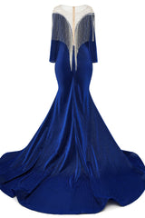 Deep V-neck Shiny Royal Blue Long sleeves Mermaid Prom Dress-Ballbella