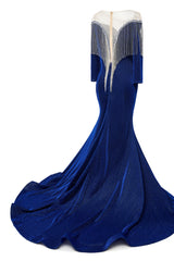 Deep V-neck Shiny Royal Blue Long sleeves Mermaid Prom Dress-Ballbella