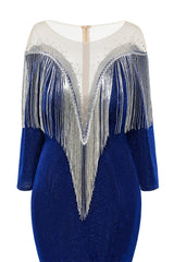 Deep V-neck Shiny Royal Blue Long sleeves Mermaid Prom Dress-Ballbella