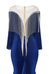 Deep V-neck Shiny Royal Blue Long sleeves Mermaid Prom Dress-Ballbella