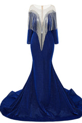 Deep V-neck Shiny Royal Blue Long sleeves Mermaid Prom Dress-Ballbella