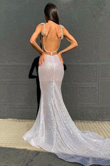 Deep V-neck Sparkling Sequins Beading Chic Evening Gowns Backless Mermaid Sleeveless Prom Dresses With Court Train-Ballbella