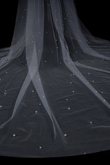 Deirdre Simple Long Tulle With Pearls Wedding Veils-Ballbella