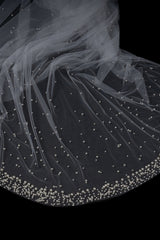 Deirdre Simple Long Tulle With Pearls Wedding Veils-Ballbella