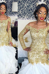 Delicate Gold Lace Long Sleeves Wedding Dress Mermaid Bridal Gown-Ballbella