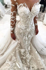 Delicate Lace Appliques Mermaid Wedding Dress Long Sleeves Bridal Gown-Ballbella