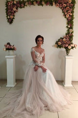 Delicate Lace Appliques Tulle Long Sleeve A line Sweep Train Bridal Dress-Ballbella