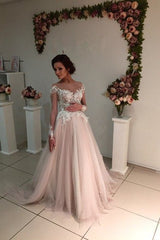 Delicate Lace Appliques Tulle Long Sleeve A line Sweep Train Bridal Dress-Ballbella