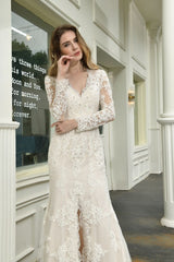 Delicate V Neck High Split Long Sleevess Lace Wedding Dress With Court Train-Ballbella