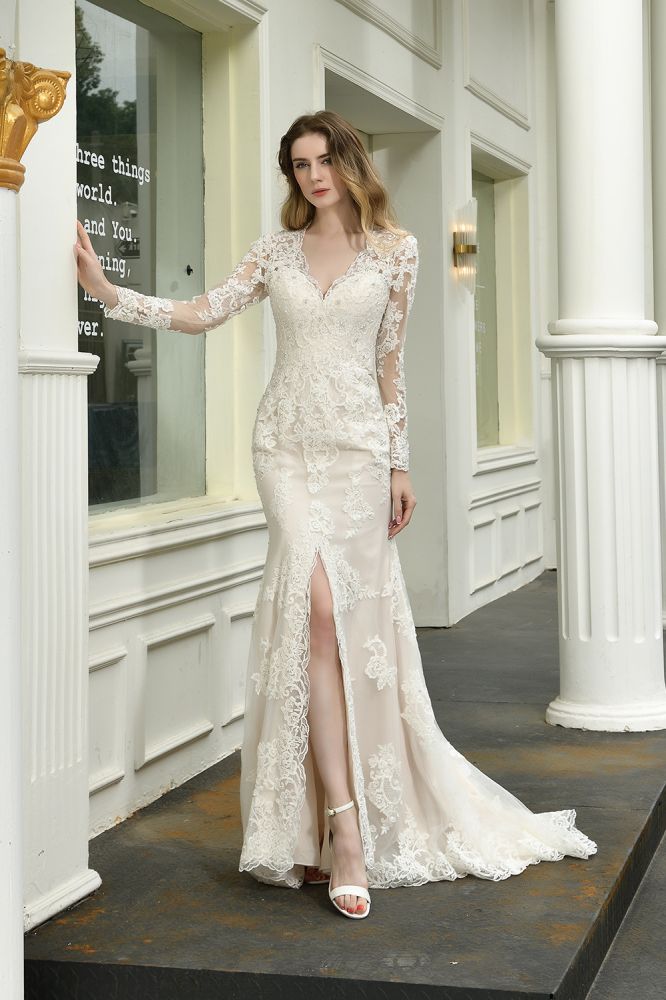Delicate V Neck High Split Long Sleevess Lace Wedding Dress With Court Train Delicate V Neck High Split Long Sleevess Lace Wedding Dress With Court Train