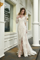 Delicate V Neck High Split Long Sleevess Lace Wedding Dress With Court Train-Ballbella
