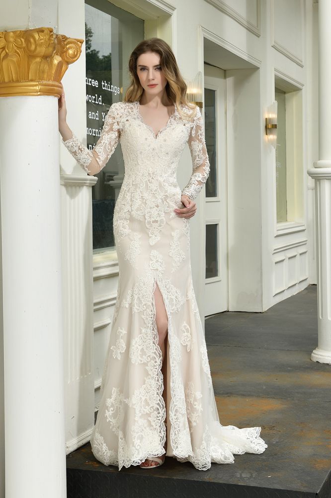 Delicate V Neck High Split Long Sleevess Lace Wedding Dress With Court Train Delicate V Neck High Split Long Sleevess Lace Wedding Dress With Court Train