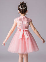 Designed Neckline Sleeveless Bows Kids Social Party Dresses-Ballbella