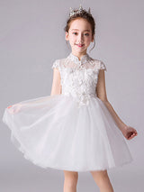 Designed Neckline Sleeveless Bows Kids Social Party Dresses-Ballbella