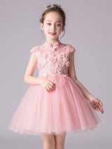 Designed Neckline Sleeveless Bows Kids Social Party Dresses-Ballbella