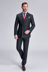 Double Breasted Mens Suits Stripes Dark Grey Suits for Men-Ballbella