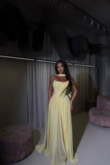 Dreamy Daffodil Strapless Sleeveless Chiffon Prom Dresses A-Line Long With Pleats-Ballbella