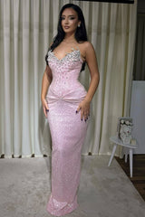Dreamy Pink V-Neck Strapless Sleeveless Prom Dresses Mermaid Sheath With Gem Pleats-Ballbella
