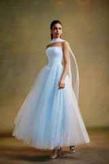 Dreamy Sky Blue Strapless Sleeveless Tulle Prom Dresses A-Line With Pleats-Ballbella