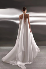 Dreamy White Spaghetti-Straps V-Neck Chiffon Prom Dresses Backless With Pleats-Ballbella