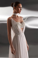 Dreamy White Spaghetti-Straps V-Neck Chiffon Prom Dresses Backless With Pleats-Ballbella