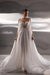 Dreamy White Spaghetti-Straps V-Neck Chiffon Prom Dresses Backless With Pleats-Ballbella