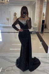 Dusty Rose Mermaid Sequin Long sleeves Silver Beaded Evening Dresses-Ballbella