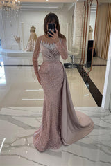 Dusty Rose Mermaid Sequin Long sleeves Silver Beaded Evening Dresses-Ballbella