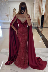 Dusty Sage Cape Mermaid Sequin Floor length Silver Beaded Evening Dresses-Ballbella