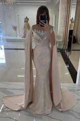 Dusty Sage Cape Mermaid Sequin Floor length Silver Beaded Evening Dresses-Ballbella