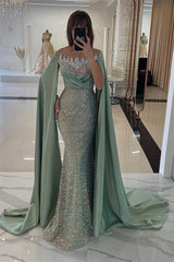 Dusty Sage Cape Mermaid Sequin Floor length Silver Beaded Evening Dresses-Ballbella