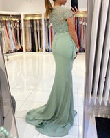 Dusty Sage High neck Lace column Long Buttons Split Short sleeves Evening Dress-Ballbella