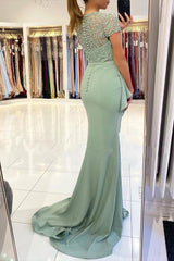 Dusty Sage High neck Lace column Long Buttons Split Short sleeves Evening Dress-Ballbella