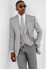 Gray Jacquard Peaked Lapel 3-Piece Prom Suit