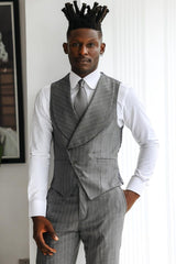 Gray Striped Peaked Lapel 3-Piece Prom Suit