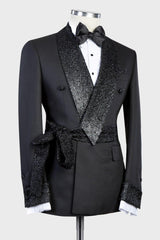 Sparkling Shawl Lapel Double-Breasted Black Wedding Suit with Belt