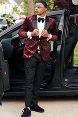 Burgundy Peaked Lapel Jacquard Prom Suit