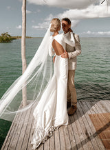 Elastic Satin Long Sleeves Mermaid Fitted Wedding Dress-Ballbella