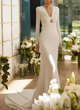 Elastic Satin Mermaid Fitted Wedding Dresses Long Sleeves Court Train-Ballbella